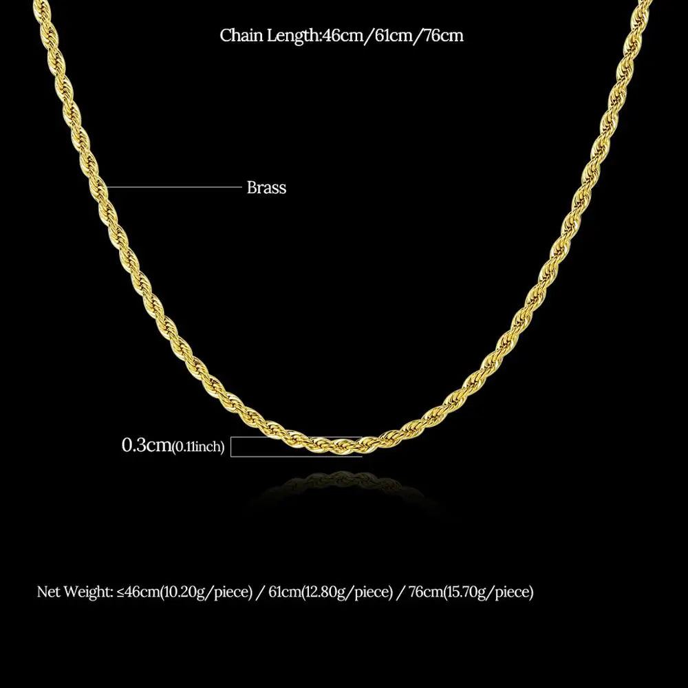 18K Gold Twisted Chain, Hip Hop Punk Necklace for All